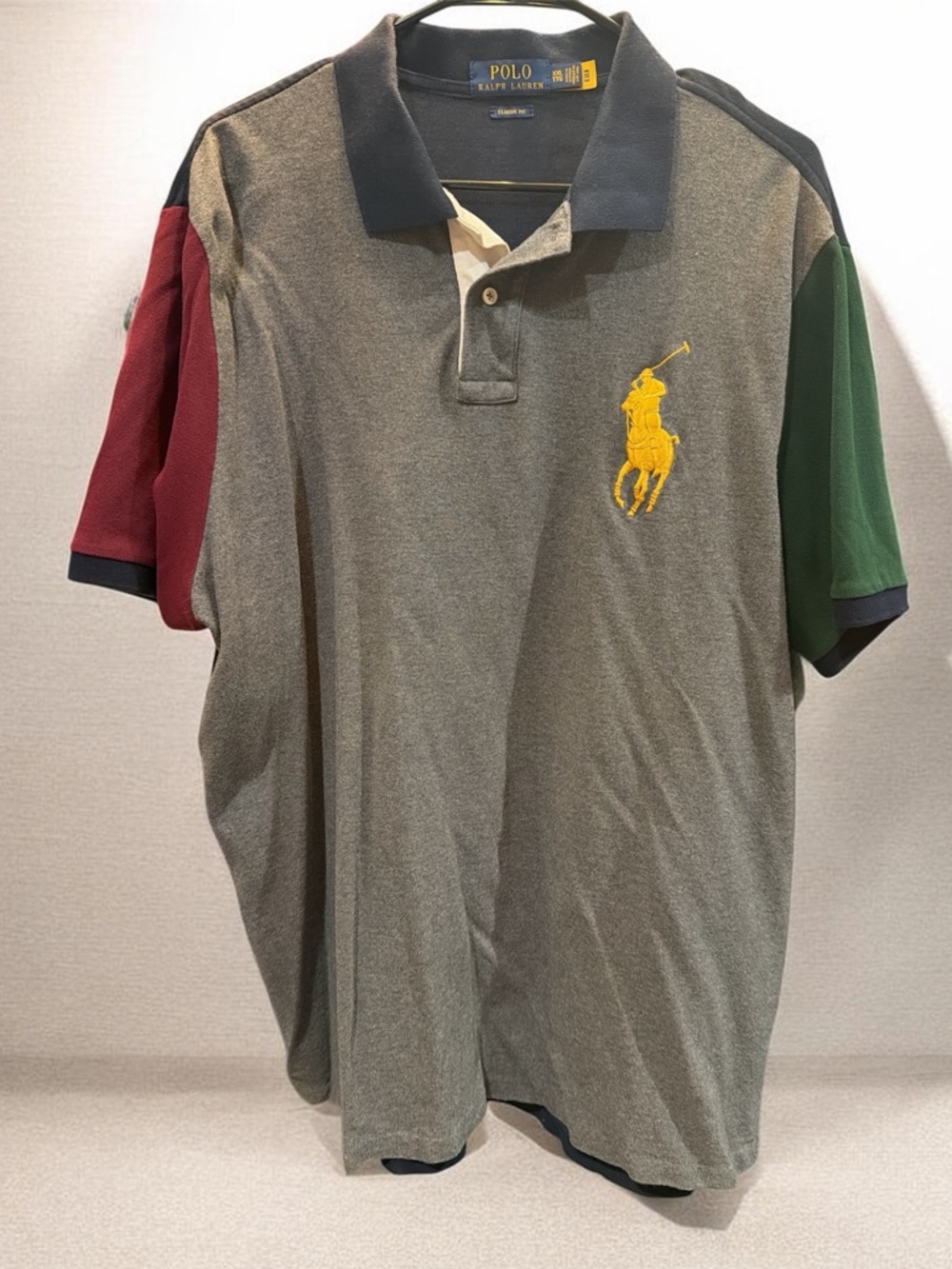 Polo by Ralph Lauren Grey Polo with Red & Green Sleeves and Gold Pony